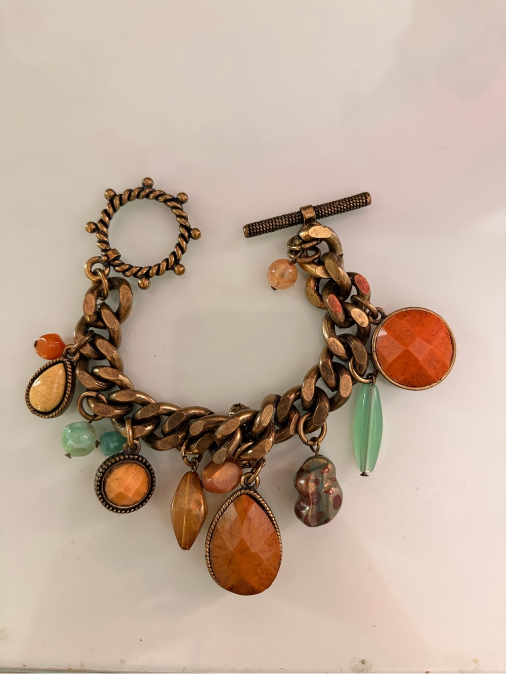 Vintage-Inspired Orange and Green Charm Bracelet
